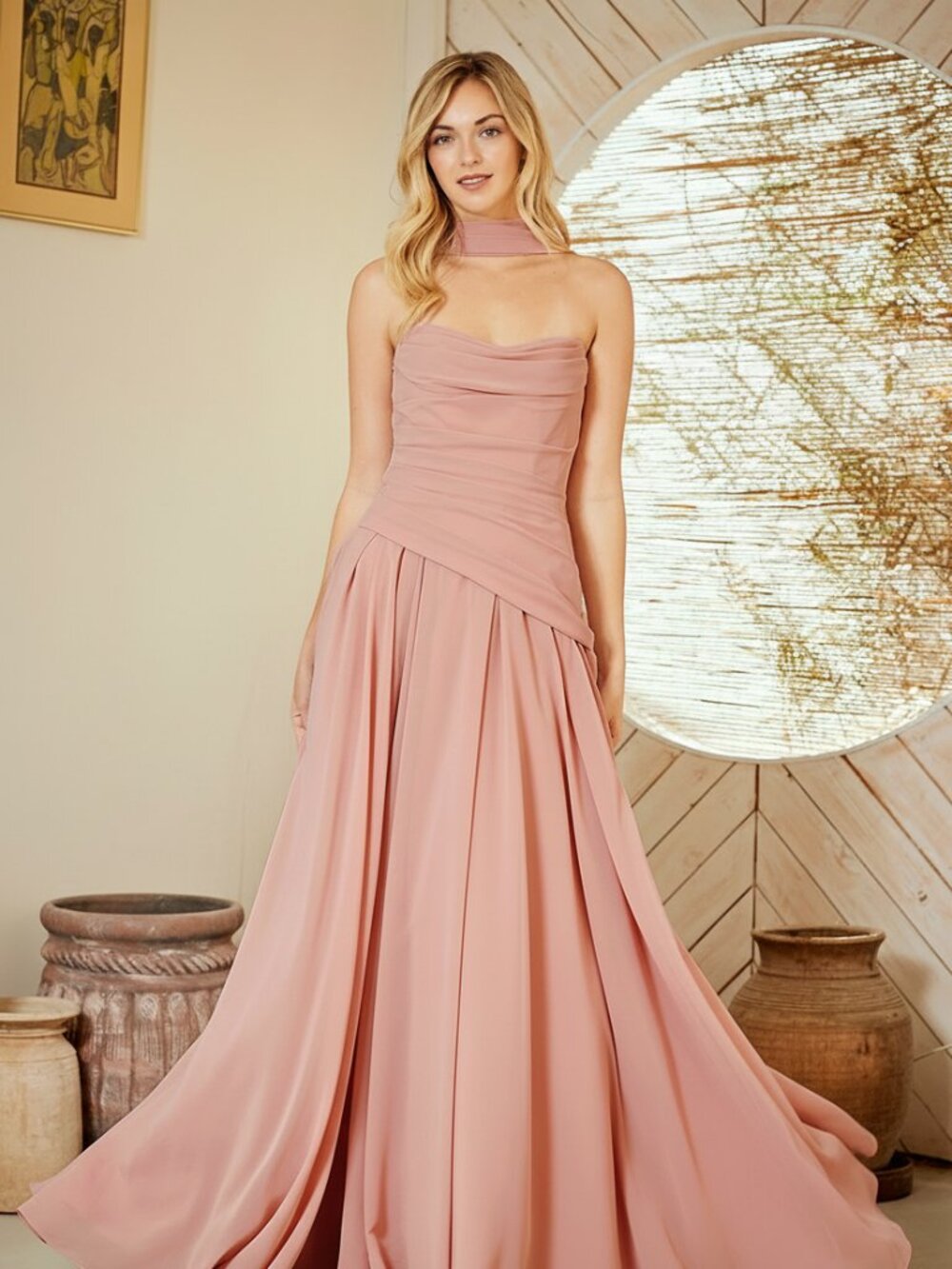 New Rose A-Line Strapless Festive Bridesmaid Dress w/ Matching Scarf AC 6133
